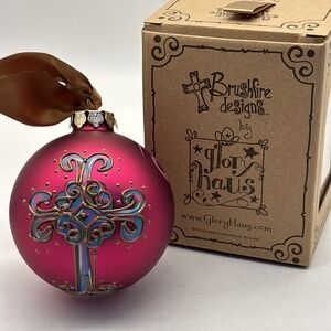 Glass Ornament Christmas Cross Pink Glory Haus Brushfire Designs Curly Cross NIB